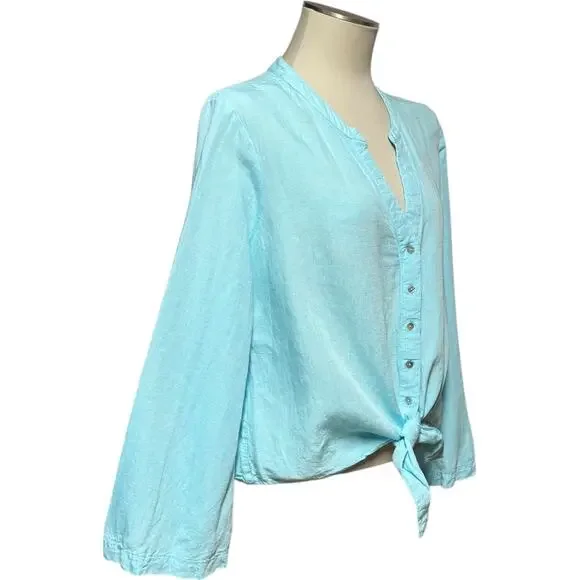 Boston Proper Linen Flare Sleeve Tie Front Top Aqua Splash Blue XL - Picture 7 of 8